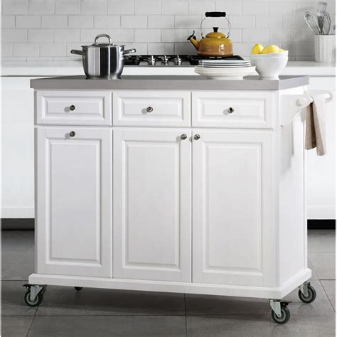 caster island with stainless steel top white cabinet three drawer|Kitchen Island On Wheels, Kitchen Island Cart With 2 .